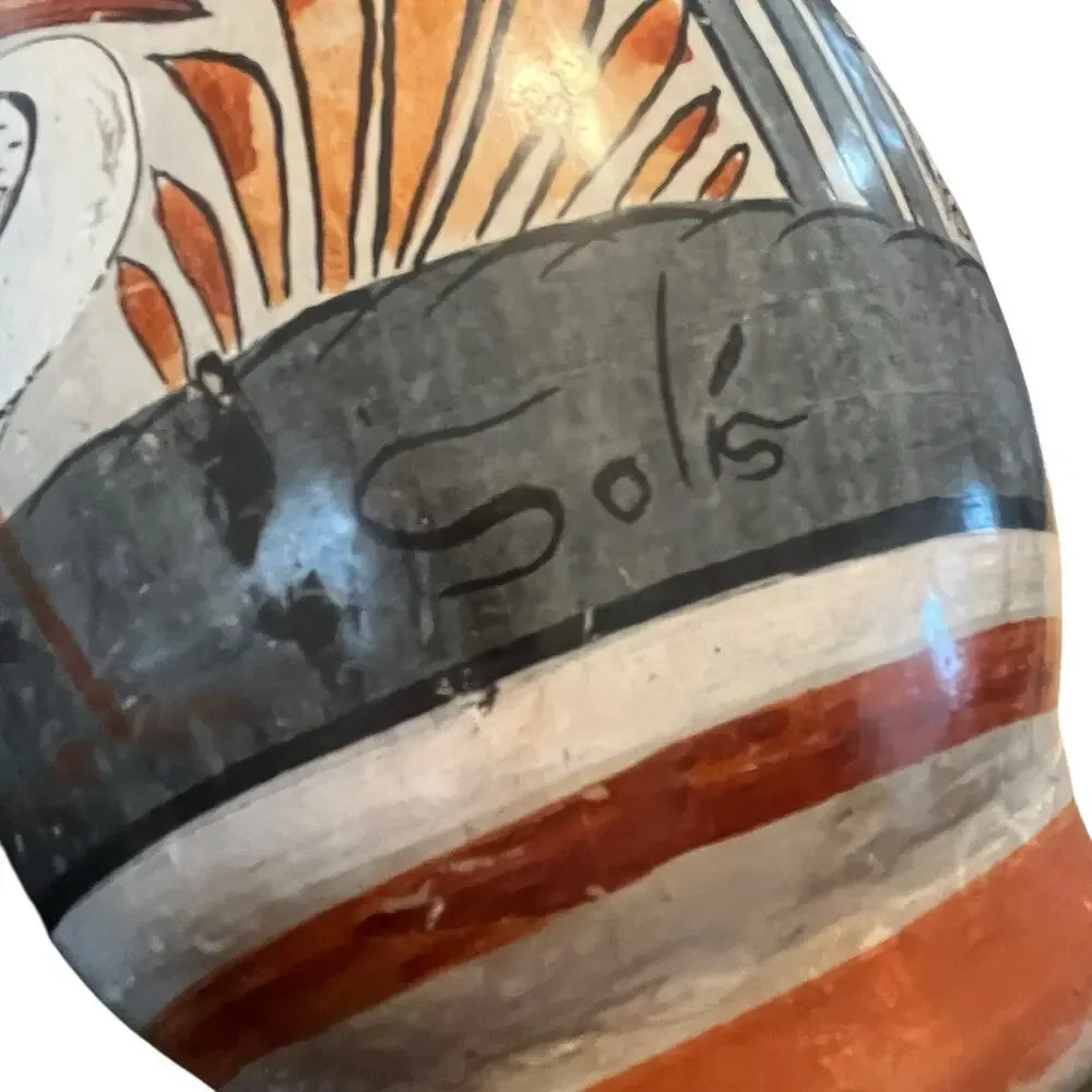 Tonala Oil Water Vase Jug Vintage Signed Solis Rustic Mexican Birds Plants Retro - Picture 14 of 14
